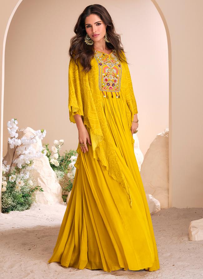 Chinnon Silk Yellow Party Wear Moti Work Readymade Gown